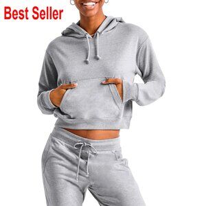 Cropped French Terry Hoodie, Relaxed Fit, Kanga Pocket, Ribbed Cuffs